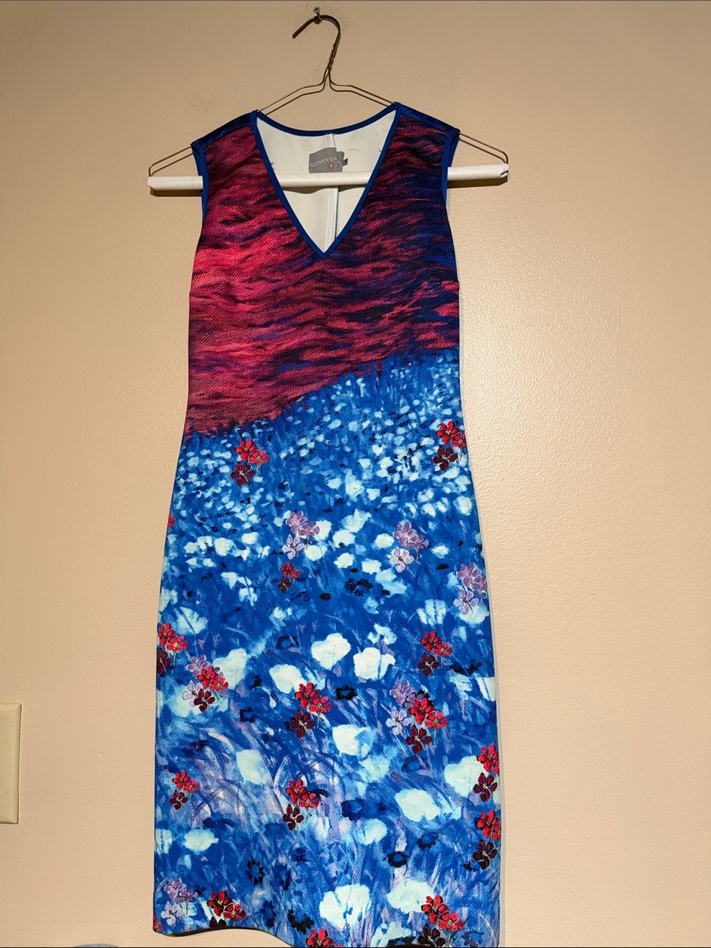 Clover Canyon Blue & Magenta V-Neck Floral Midi Dress